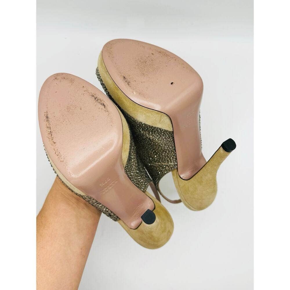 Gucci Tan Suede Crystal Slingback Pumps Peep Toe Heels EU 37.5 - Picture 3 of 10